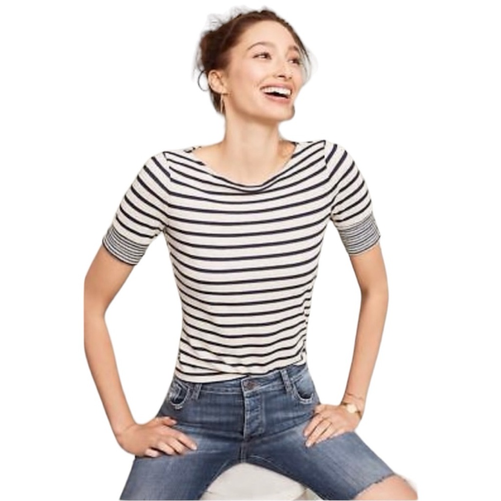 Anthropologie 3 dots blue & white striped short sleeve top size XL